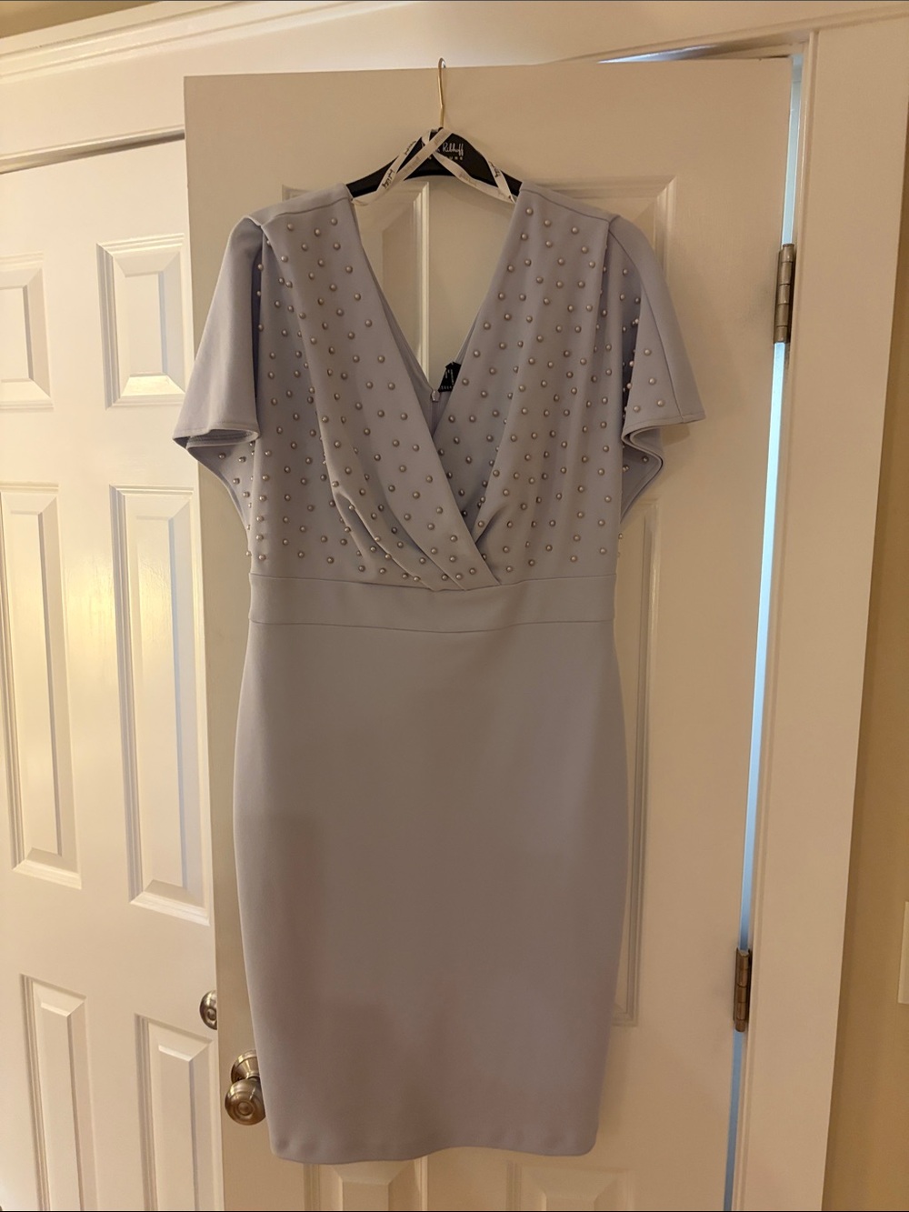 Joseph Ribkoff Powder Blue Pearl-Studded Faux Wrap Midi Dress